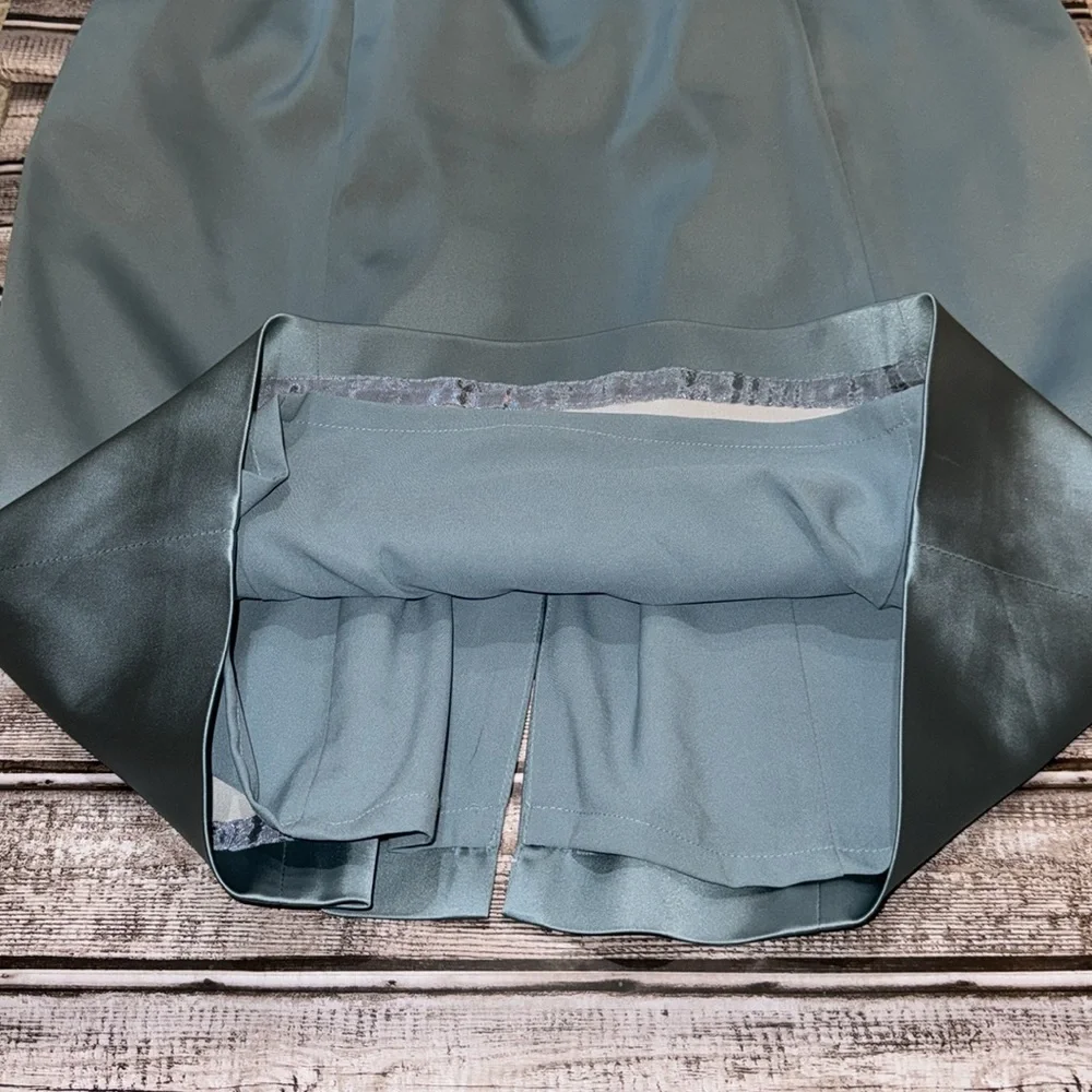 Silk Misty Blue Portrait Collar Ruched Sleeveless Tea Length Dress 10 - Picture 14 of 14